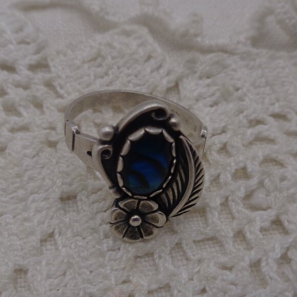 Vintage Blue PAUA SHELL Sterling Silver RING Leaf & Flower SZ. 7.5 - Picture 8 of 9